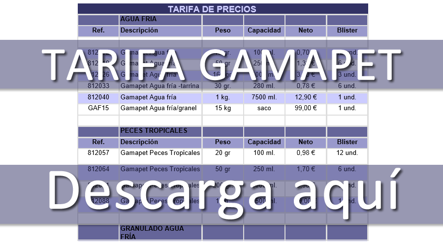 Tarifa precios GAMAPET para peces, tortugas, loros y champ&uacute;s